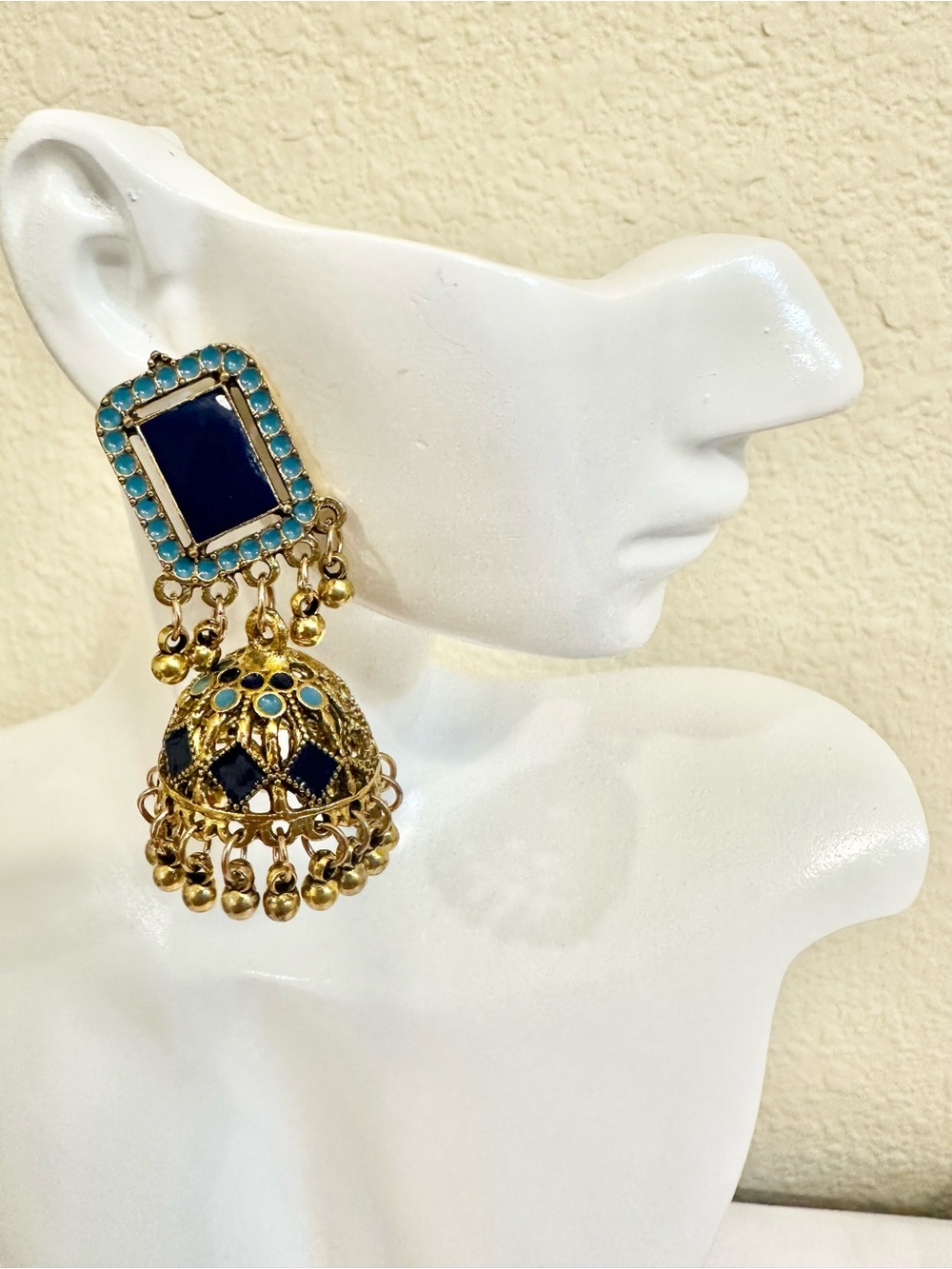 Gold-Tone Jhumka Earrings with Navy and Turquoise Accents